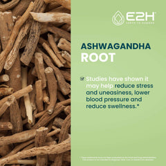 Drops on thumb show easy dosing of E2H Ashwagandha Liquid Drops.