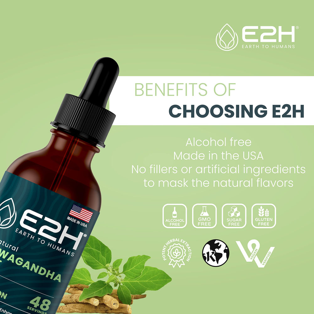 Empty bottle concept signaling long-term use of E2H Ashwagandha Drops.