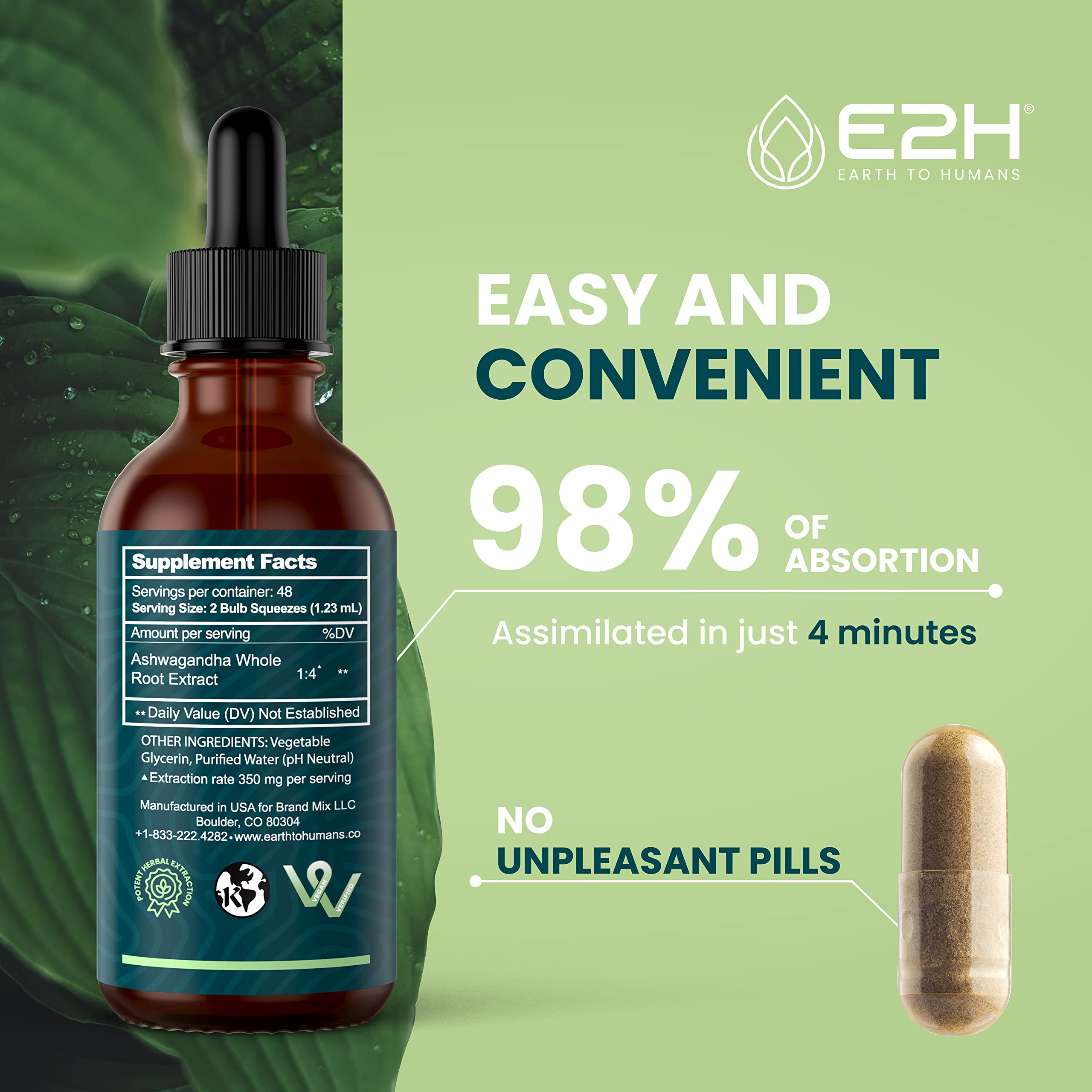 Closeup of E2H Ashwagandha label emphasizes organic root extract.