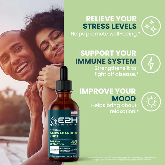 Pouring E2H Ashwagandha Drops suggesting quick daily stress support.