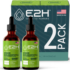 E2H Chlorophyll liquid drops bottle pour for a natural energy boost.