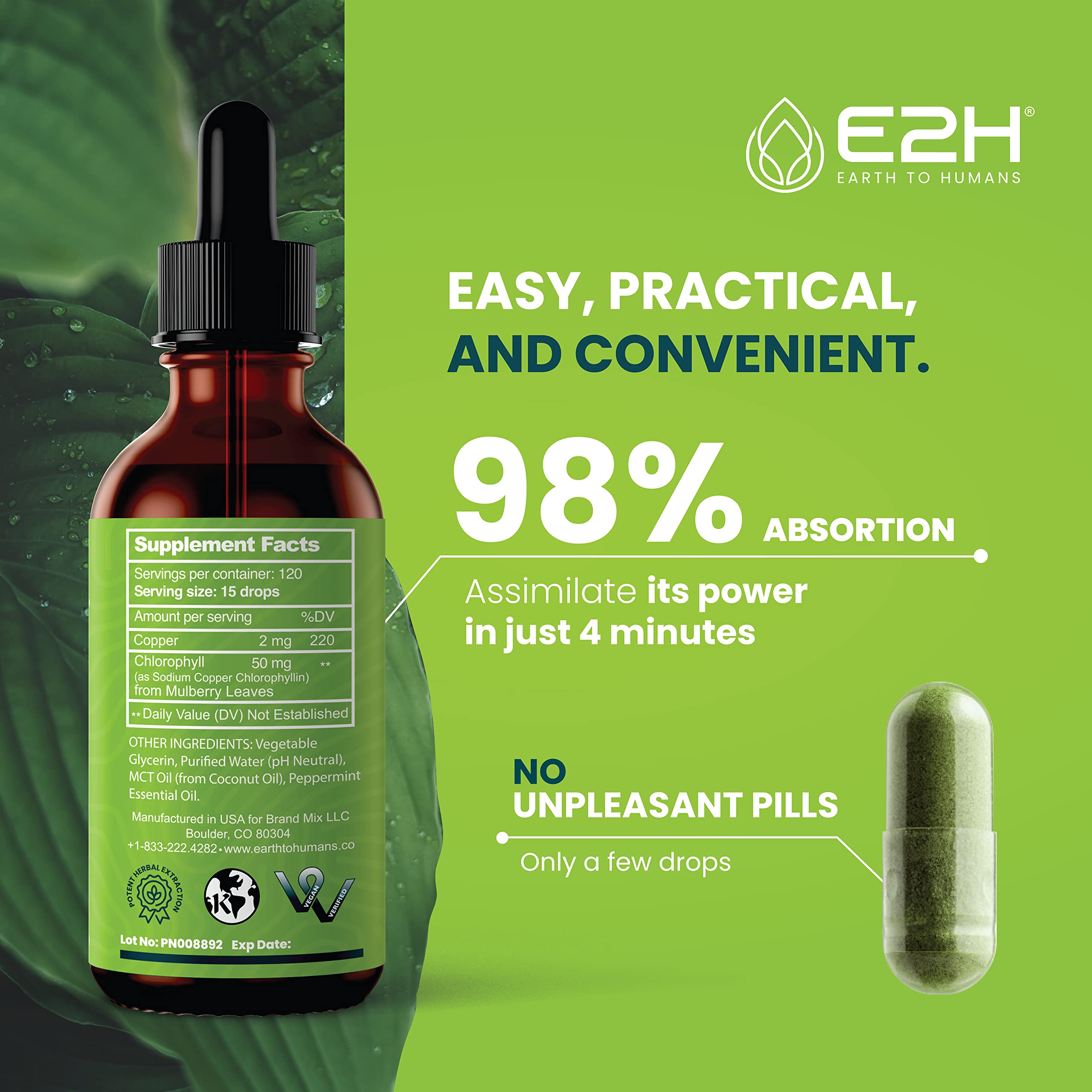 E2H Chlorophyll liquid drops over juice for an antioxidant-rich boost.