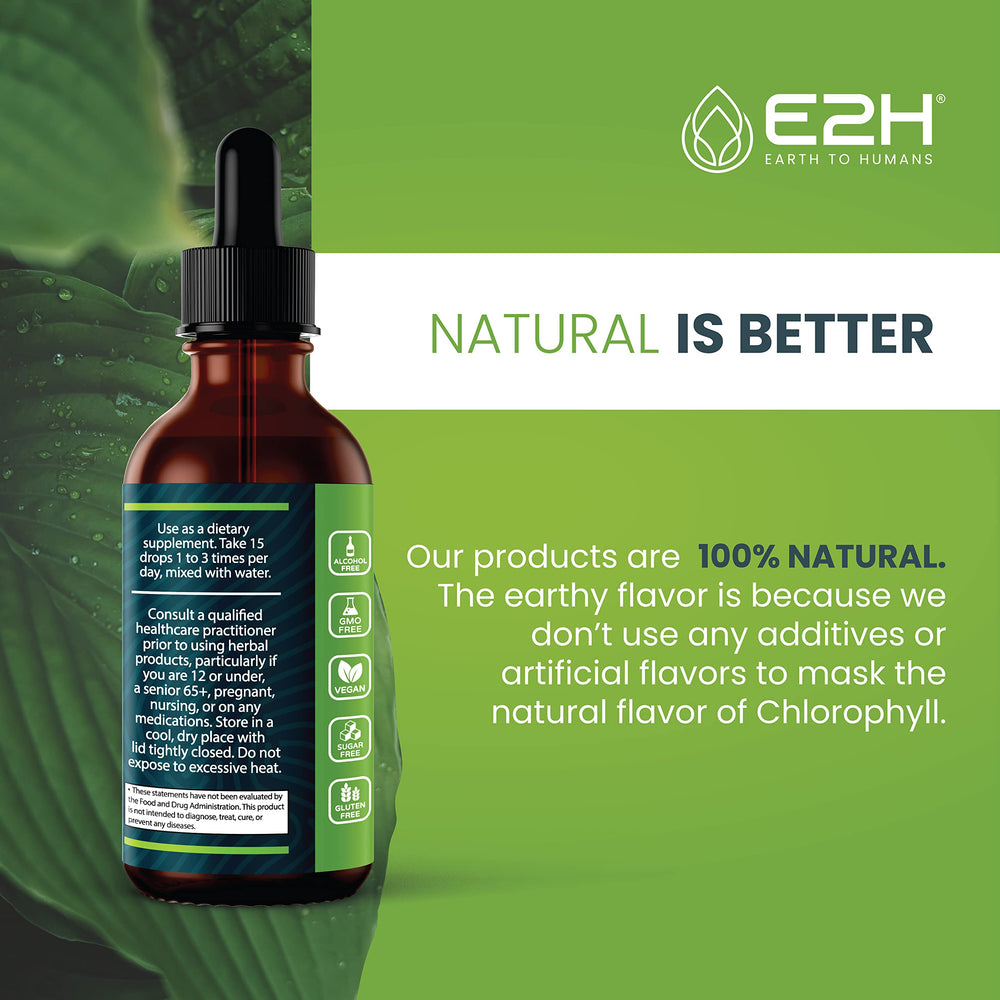 E2H chlorophyll drops with fresh green leaves imagery signaling plant-based greens.