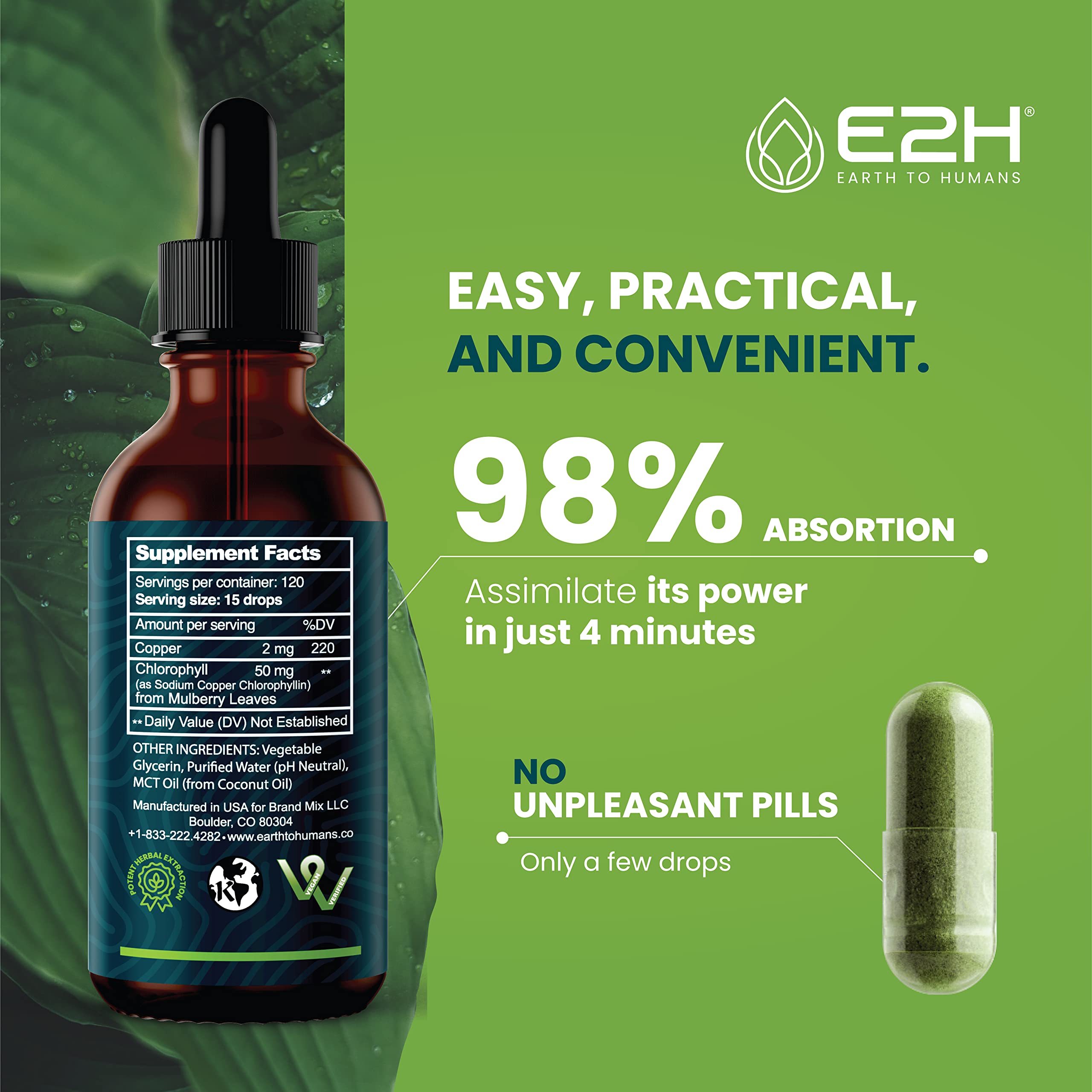 E2H label detail highlights natural, 2 oz bottle and vegan ingredients.