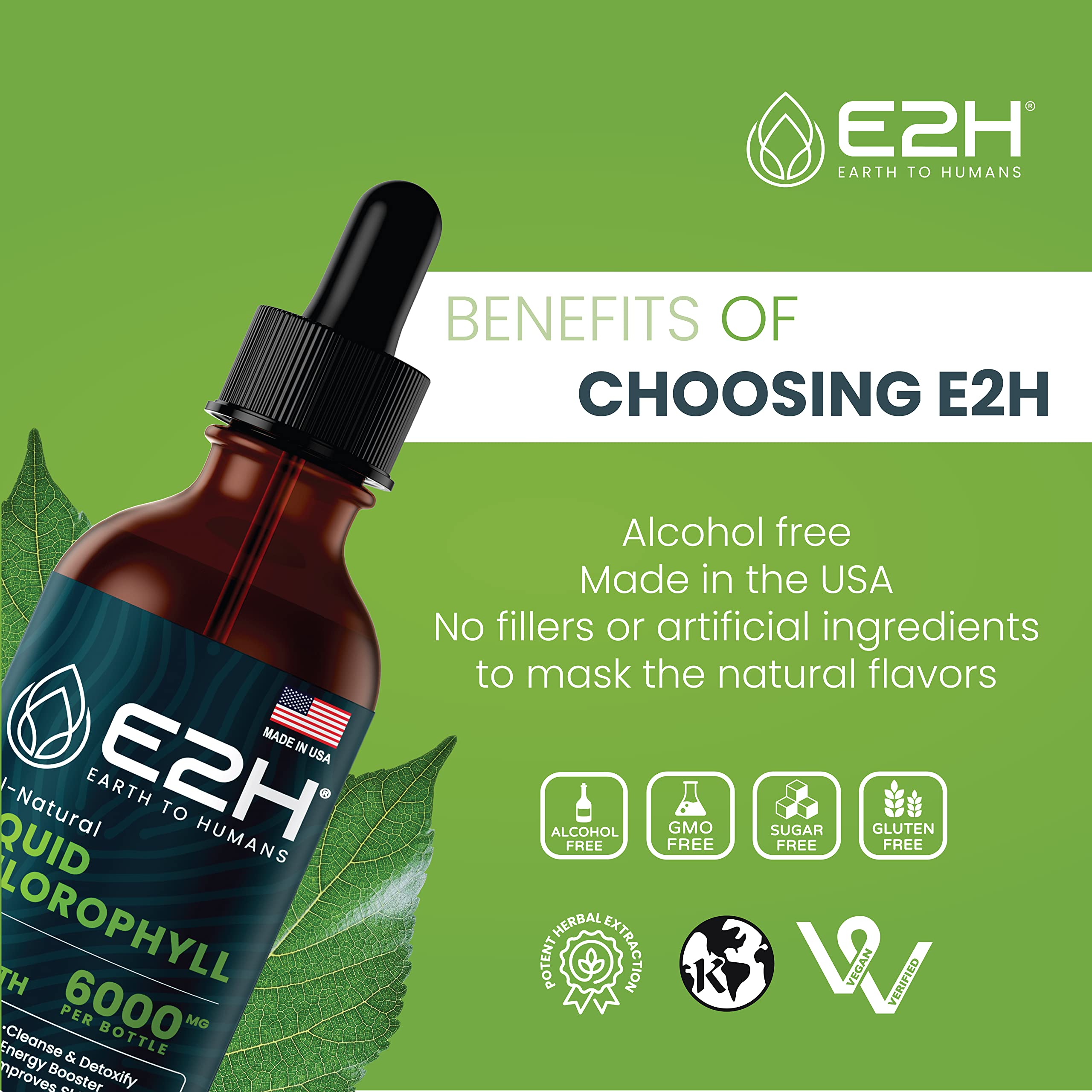 E2H packaging shows convenient 2 oz bottle for daily green routine.