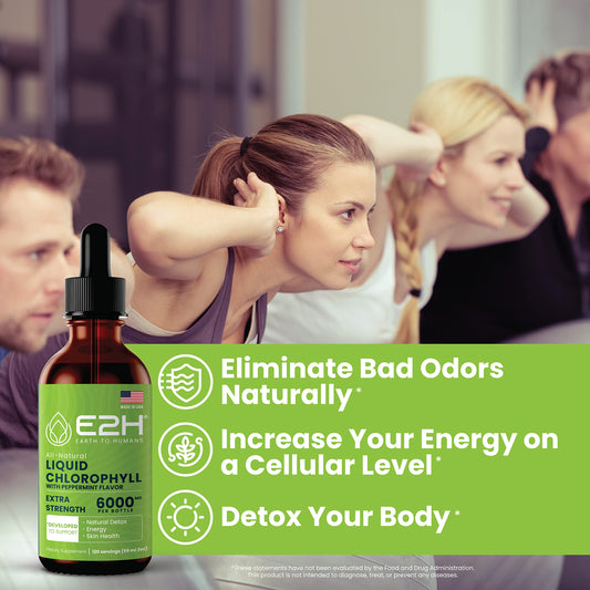 E2H Chlorophyll drops added to water for a green daily ritual.
