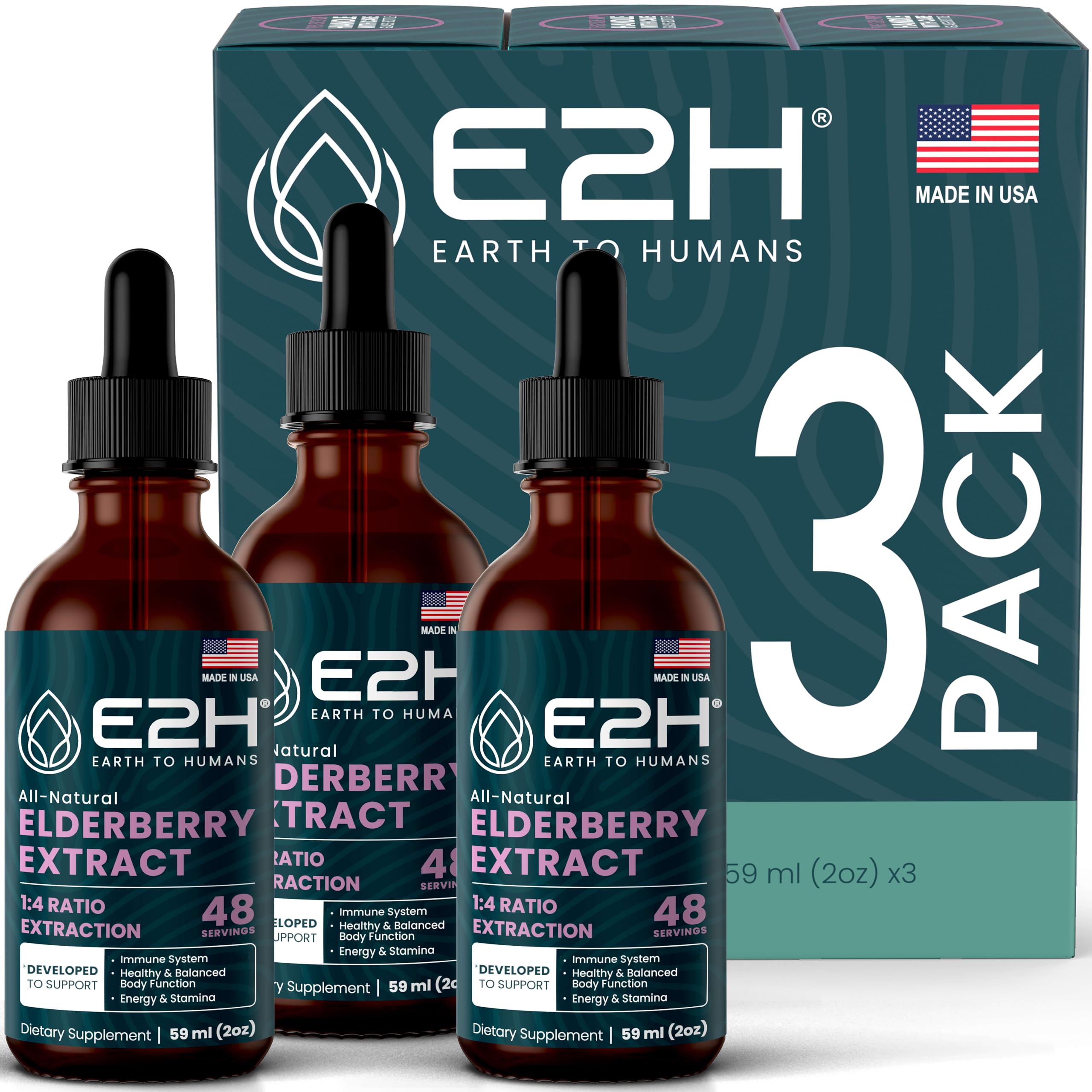 E2H Elderberry Syrup bottle showcases organic elderberry extract for daily immune support.