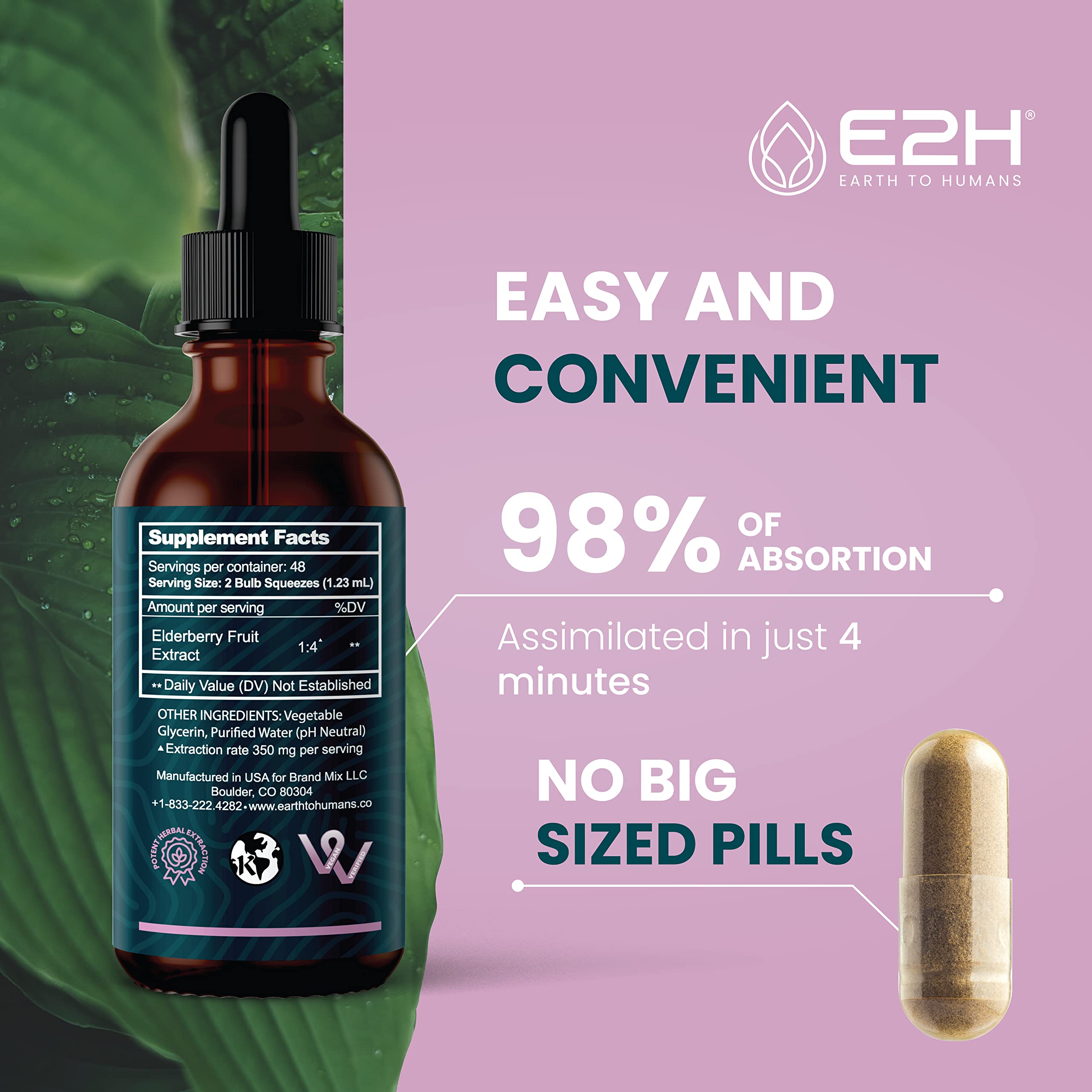 E2H Elderberry Syrup GMP badge on packaging signals quality manufacturing.