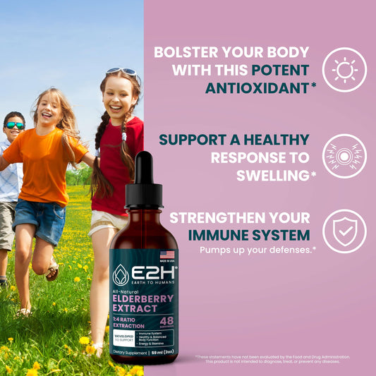 E2H Elderberry Syrup dropper ready for quick, tasteless immune wellness routines.