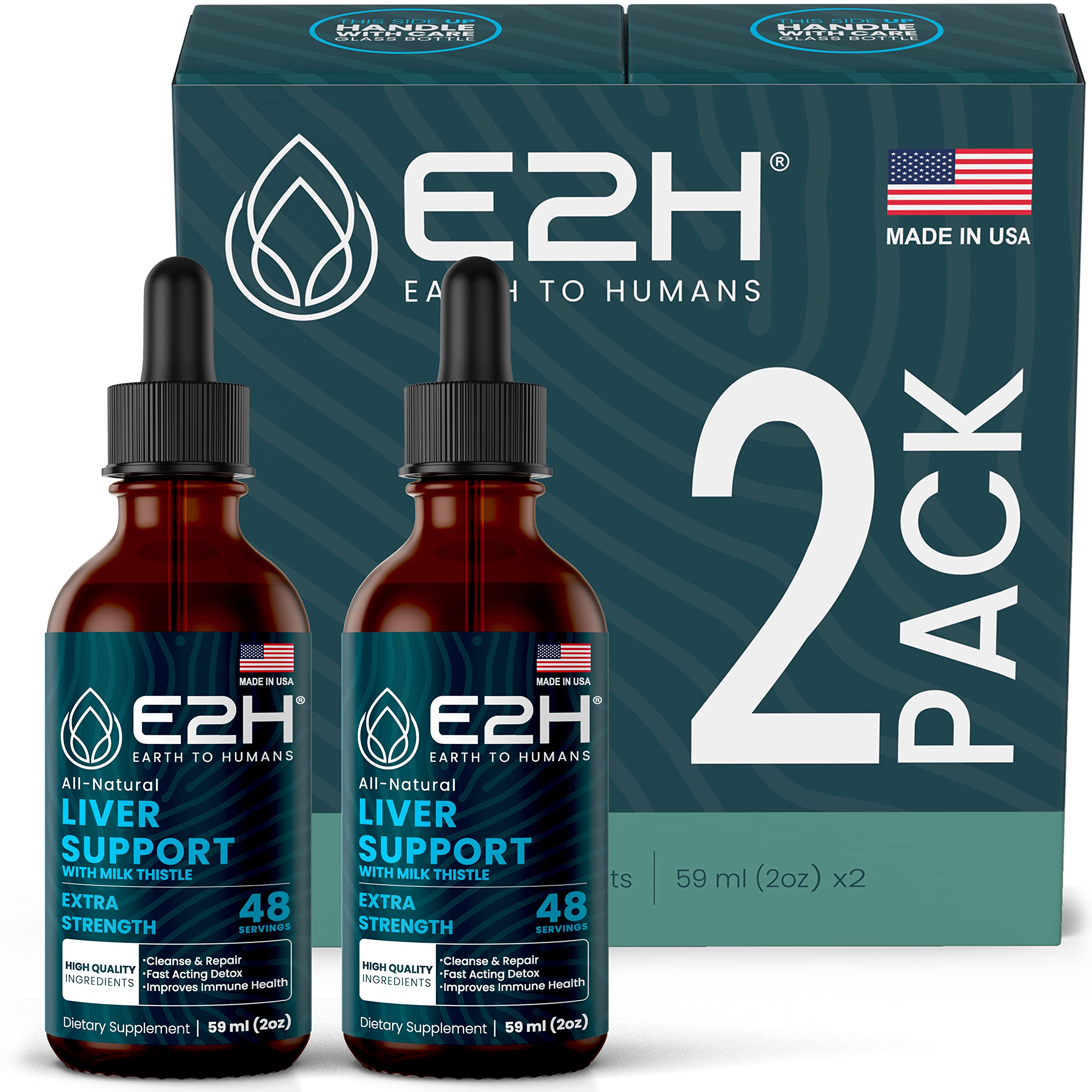 E2H Liver Support bottle pour shows easy daily dosing for wellness