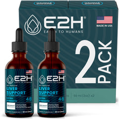 E2H Liver Support bottle pour shows easy daily dosing for wellness
