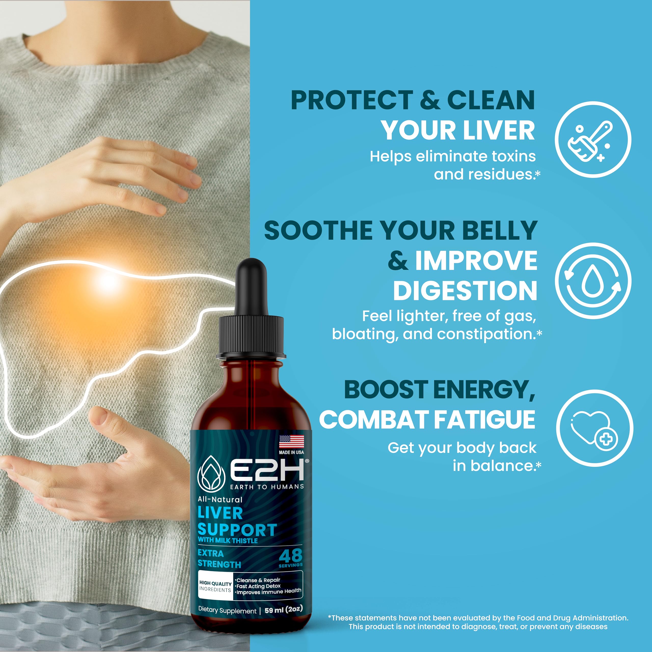 E2H Liver Support dropper dispensing easy daily dosing for convenience.