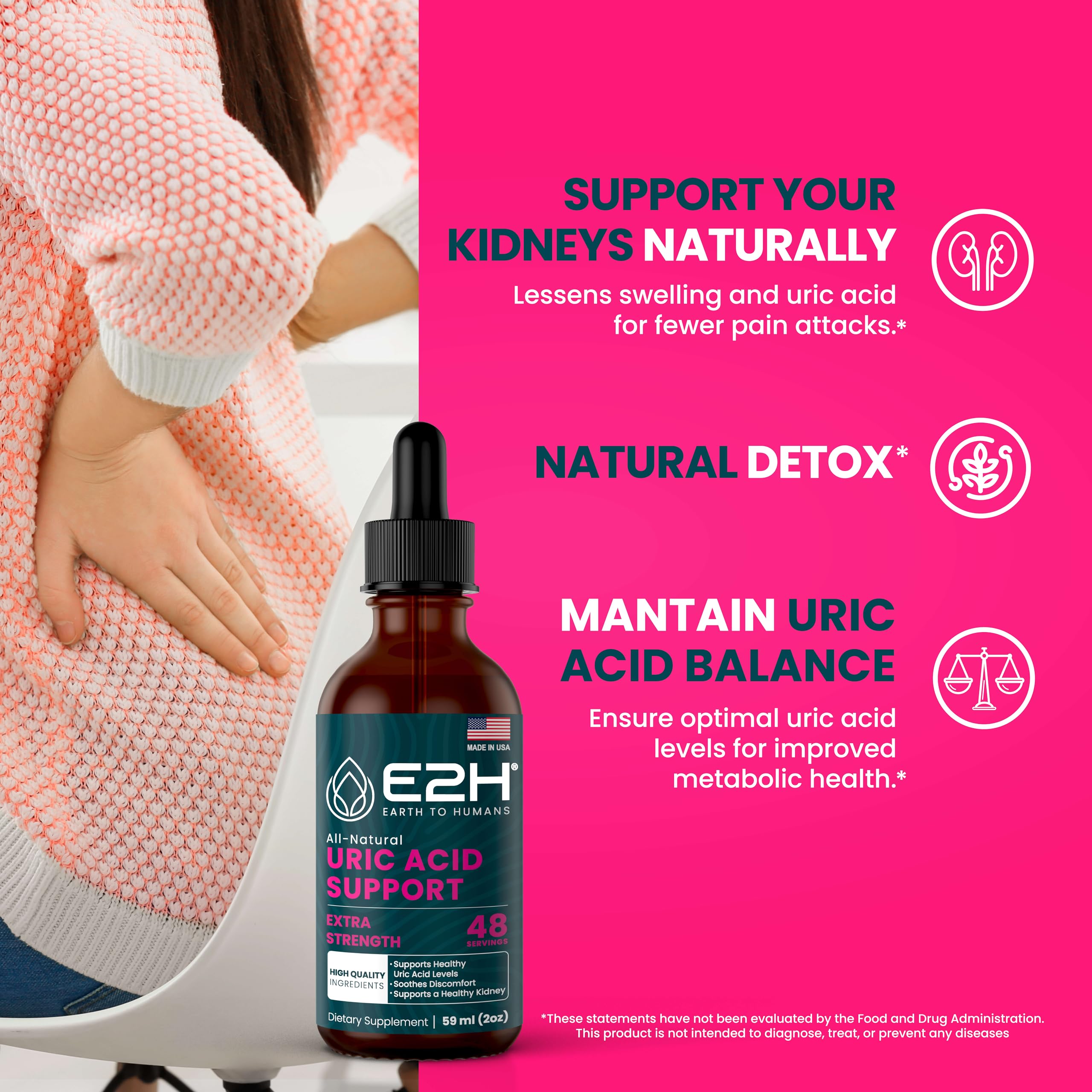 E2H Uric Acid Support bottle close-up with vegan formula label