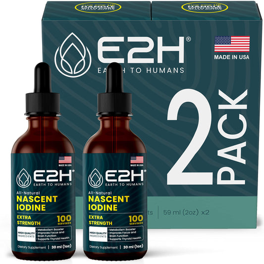 E2H Vegan Liquid Iodine bottle pour for daily energy support.