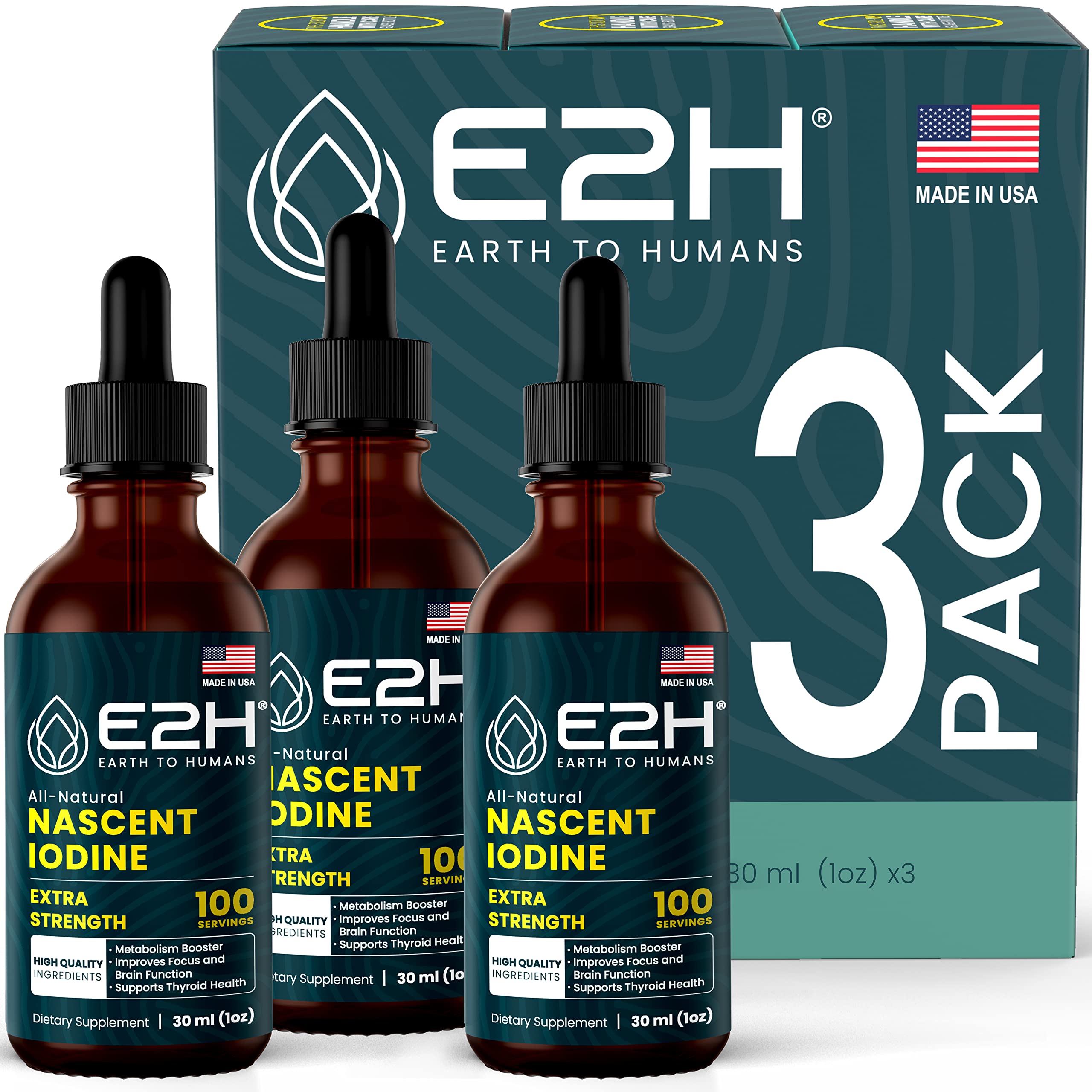 E2H Vegan Liquid Iodine bottle for easy daily dosing and energy support.