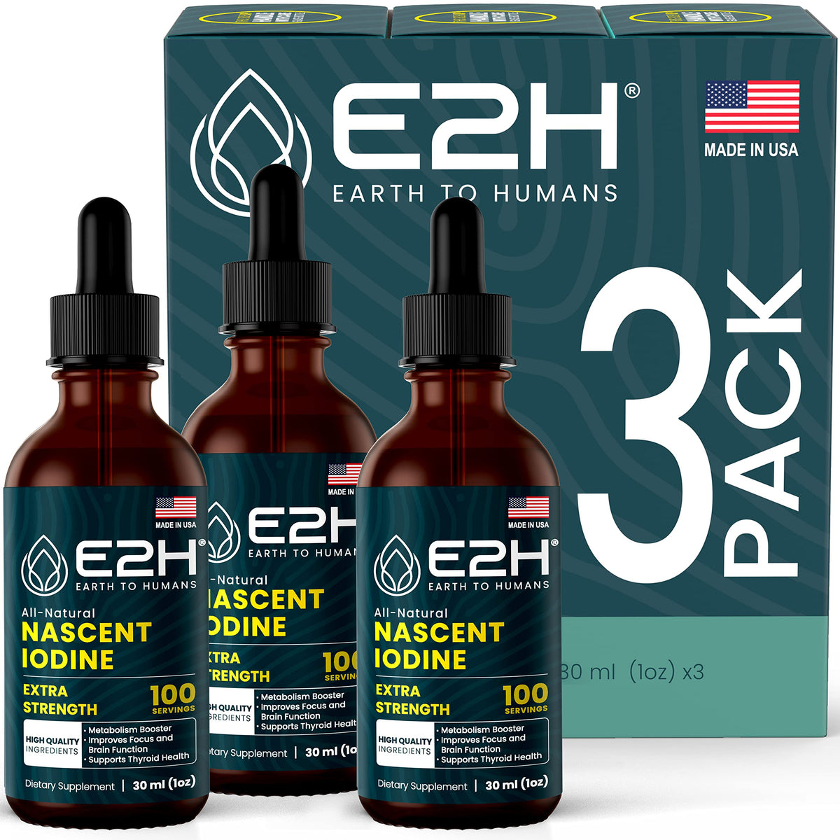 E2H Vegan Liquid Iodine bottle for easy daily dosing and energy support.