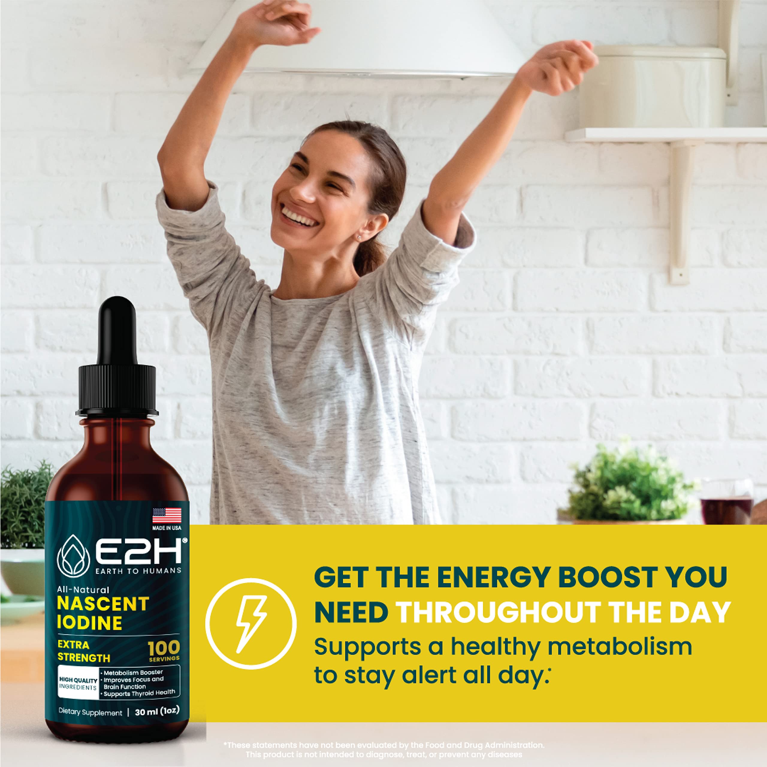 Label on E2H vegan liquid iodine shows ingredients and US-made quality.