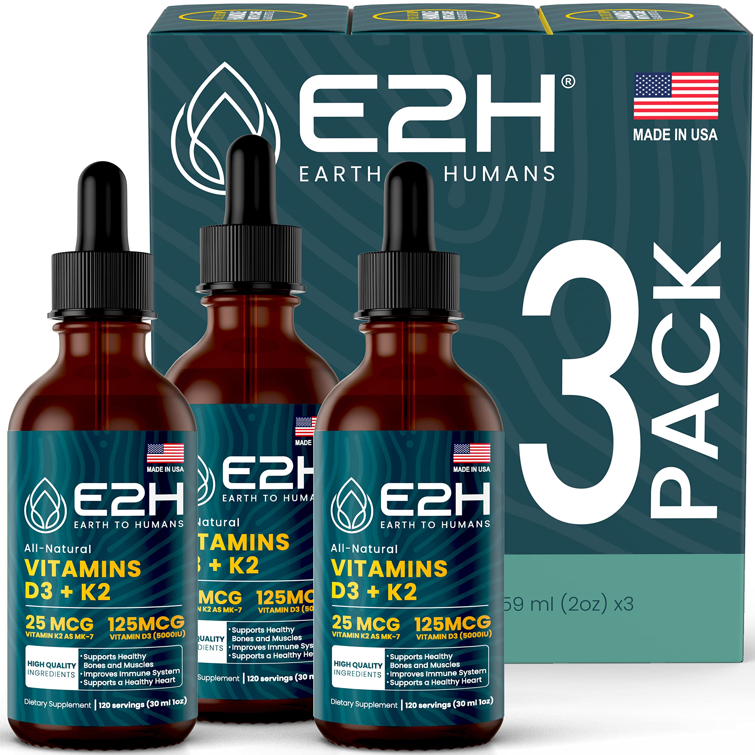 E2H Vitamin D3 & K2 bottle front supports bone and muscle health.