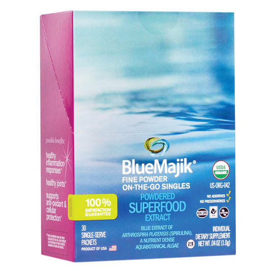 E3LIVE Blue Majik single-serve packets simplify blending into water or smoothies.