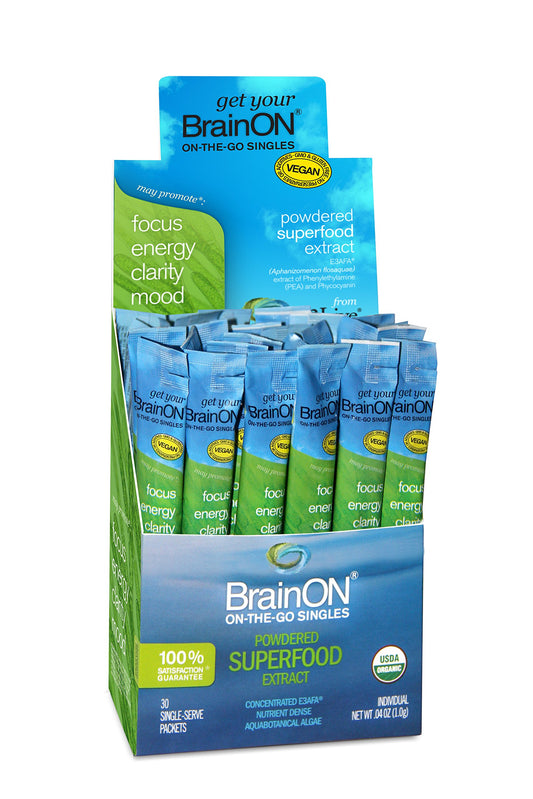 E3LIVE BrainON box featuring on-the-go concentrated E3AFA.