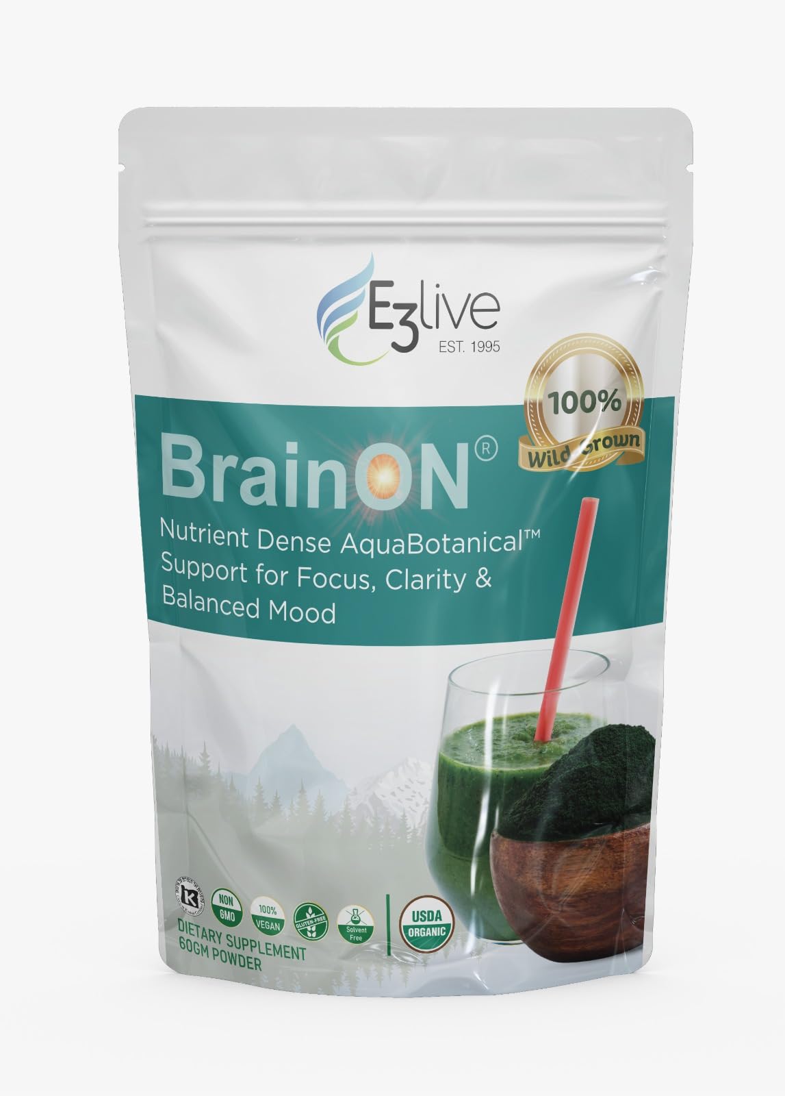 E3LIVE BrainON container with premium brain nutrition blend for focused energy