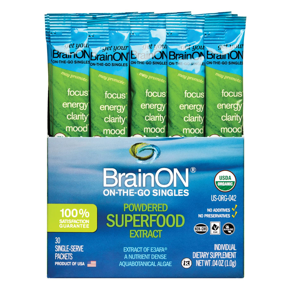 E3LIVE BrainOn label close-up detailing organic ingredients and potential mood support.