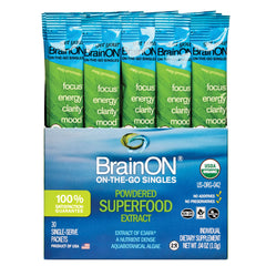 E3LIVE BrainOn label close-up detailing organic ingredients and potential mood support.