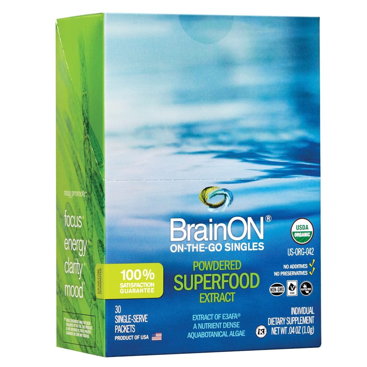 E3LIVE BrainOn on-the-go singles package front showing convenient brain support on the move.