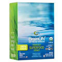 E3LIVE BrainOn on-the-go singles package front showing convenient brain support on the move.
