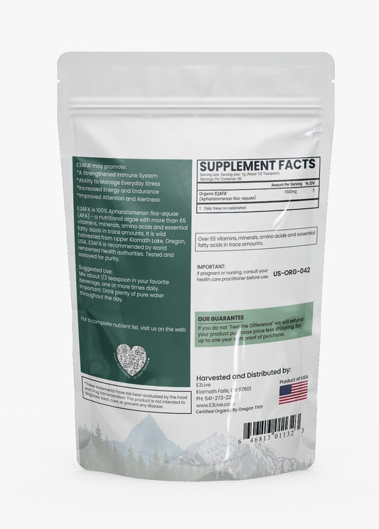 E3LIVE E3AFA 60-gram packaging shows travel-friendly pouch for on-the-go nutrition.