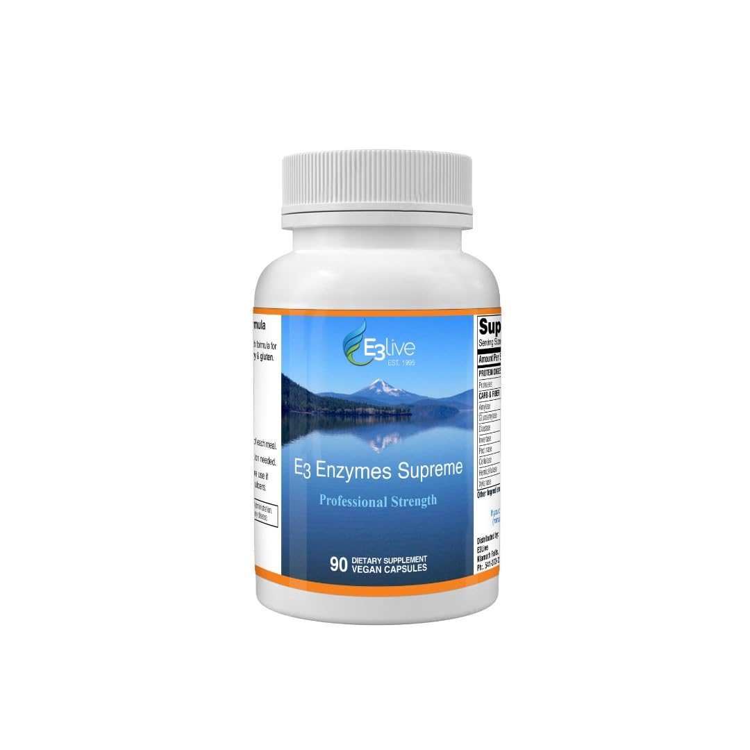E3LIVE E3 Enzymes bottle with label highlighting the broad digestive enzyme blend for daily meals