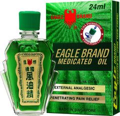 Eagle Brand Medicated Oil bottle front view, highlighting the green color and trusted analgesic use