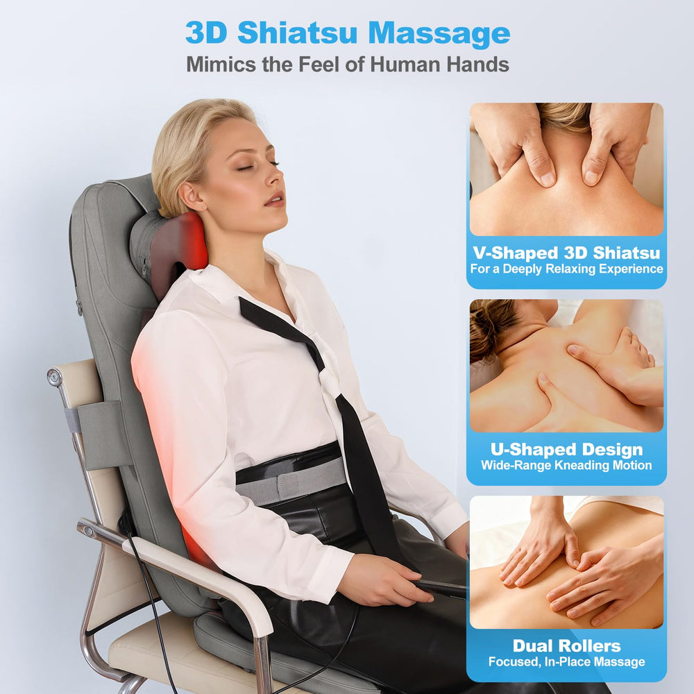 Eagye Shiatsu massager U-type head delivers broad kneading across the back.