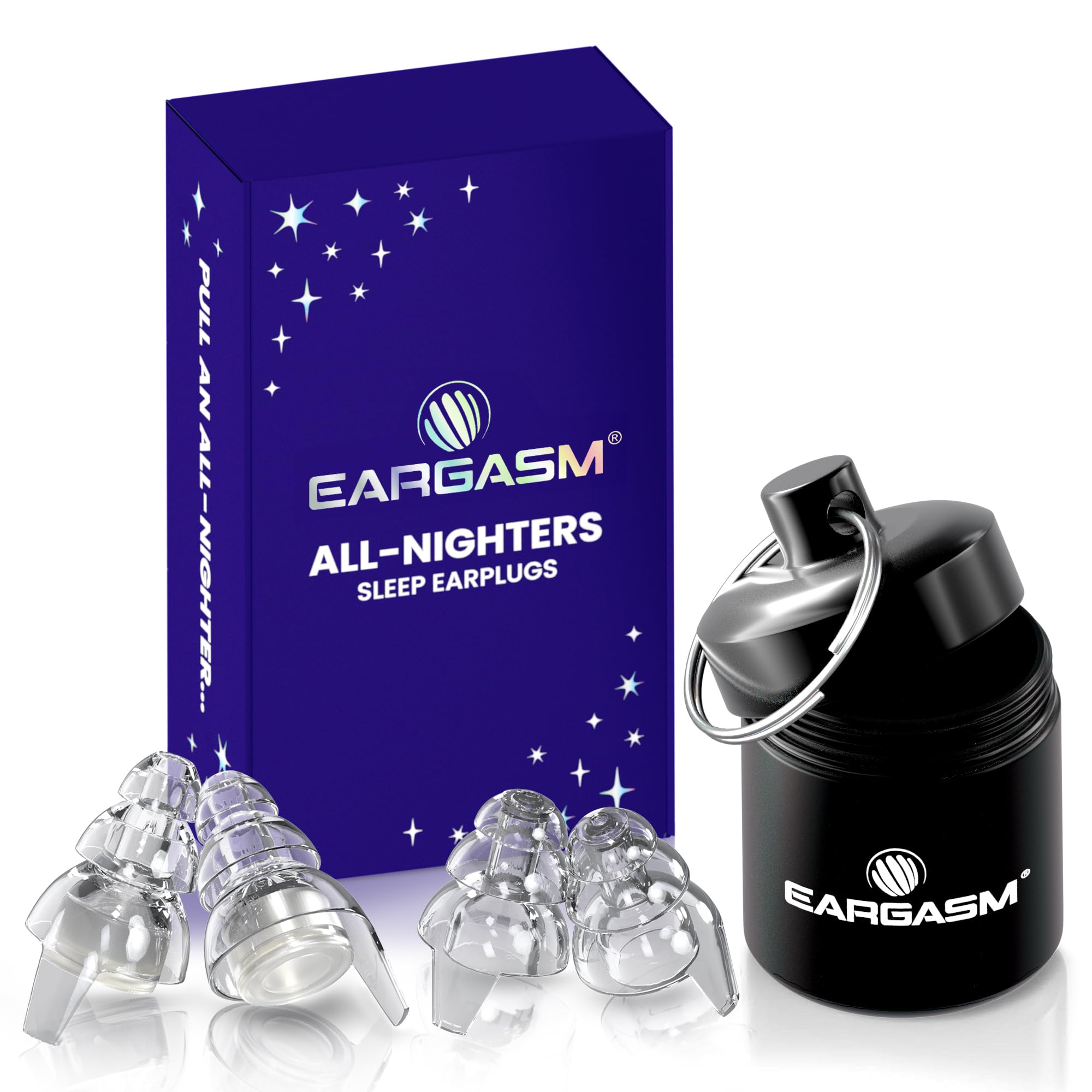 Eargasm All-Nighters sleep earplugs case keeps them organized for travel and bedside use.