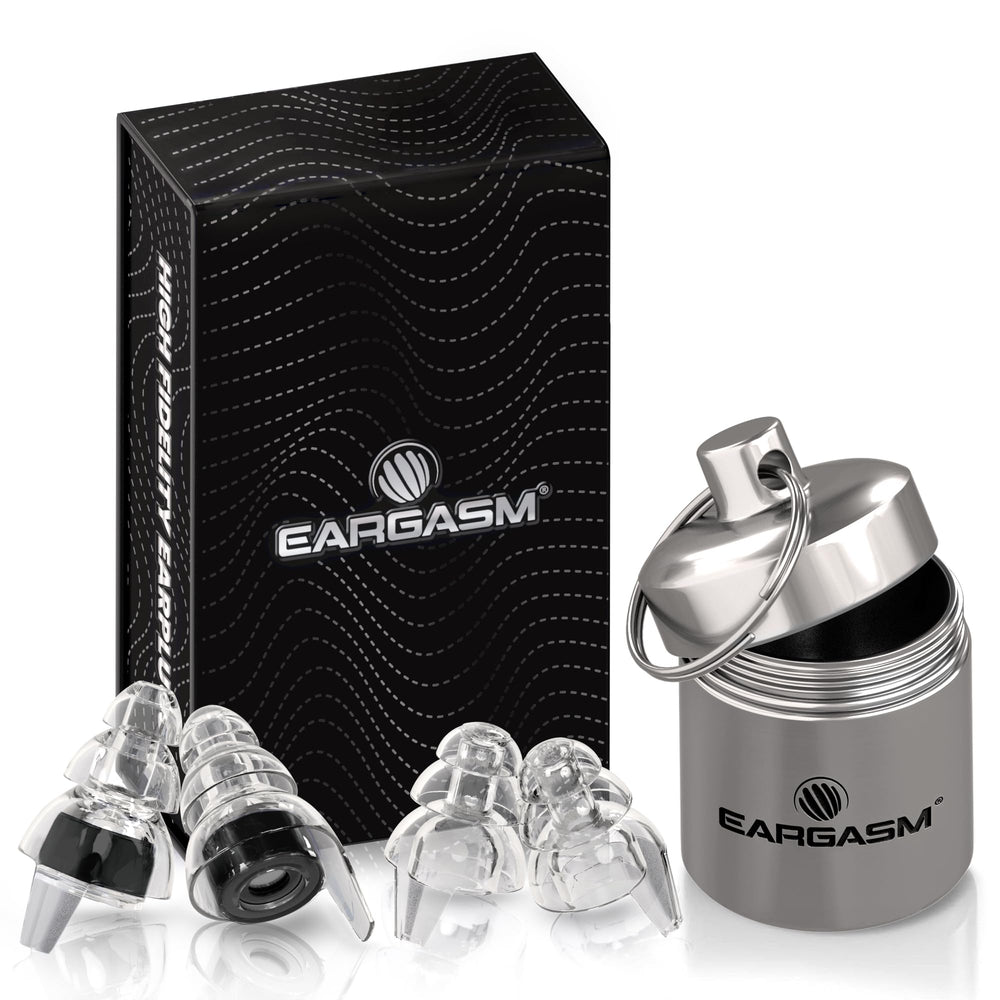 Eargasm Blackout earplugs shown in-ear fit with discreet, low-profile design.