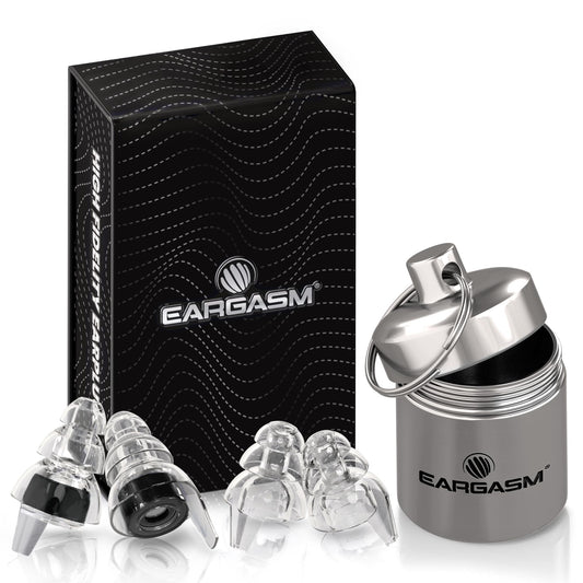 Eargasm Blackout earplugs shown in-ear fit with discreet, low-profile design.