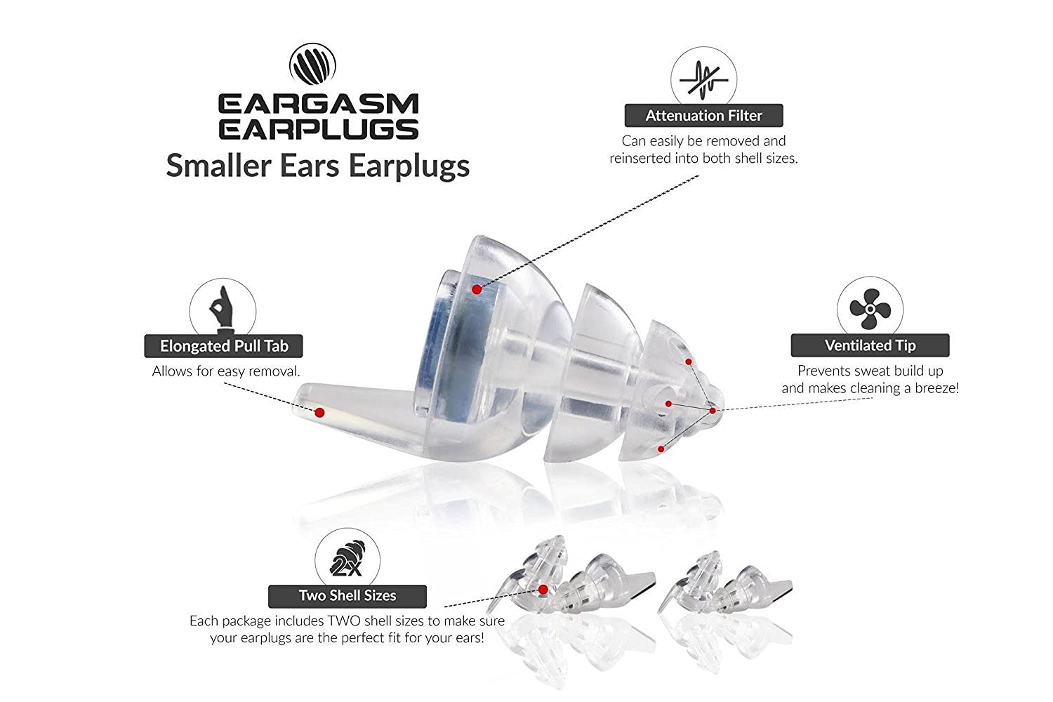 Eargasm Smaller Ears Earplugs two-size fit for kids and adults with smaller canals.