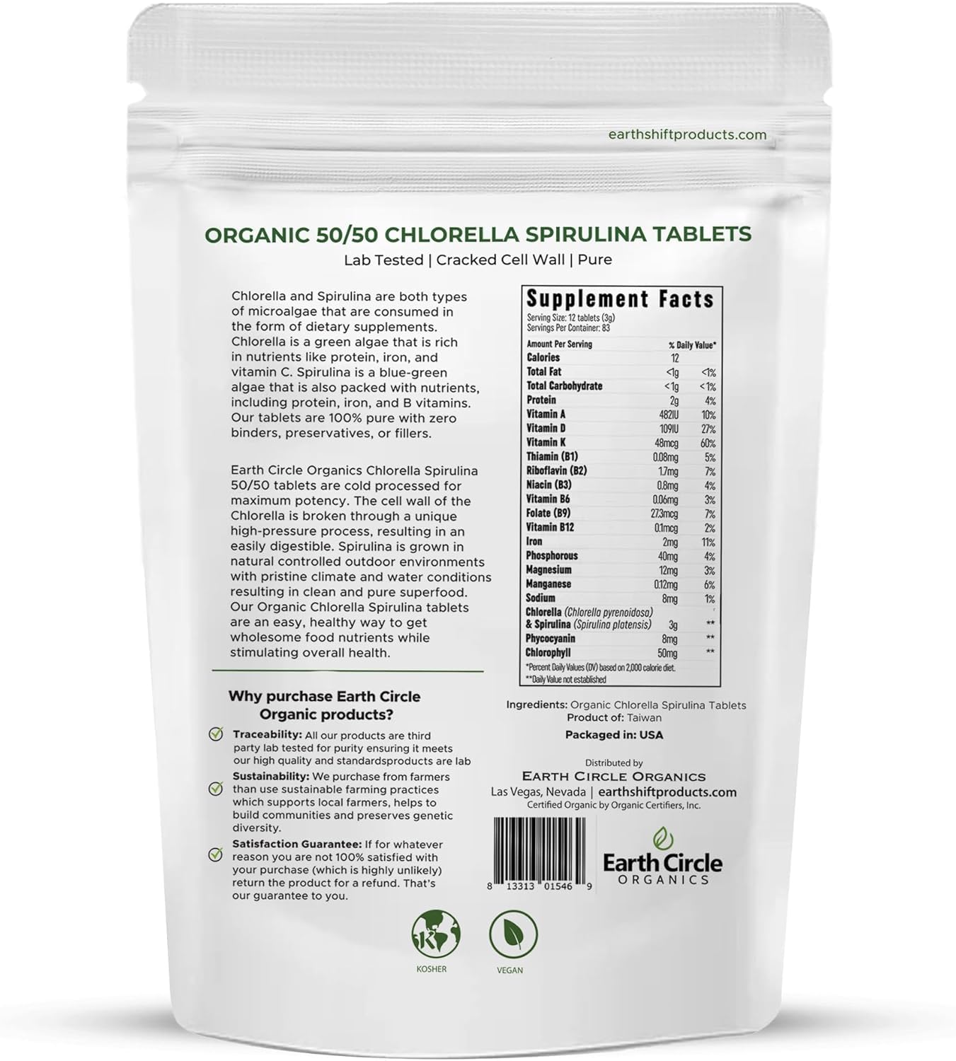 Earth Circle Organics 50-50 blend tablets closeup showing pure algae nutrition.