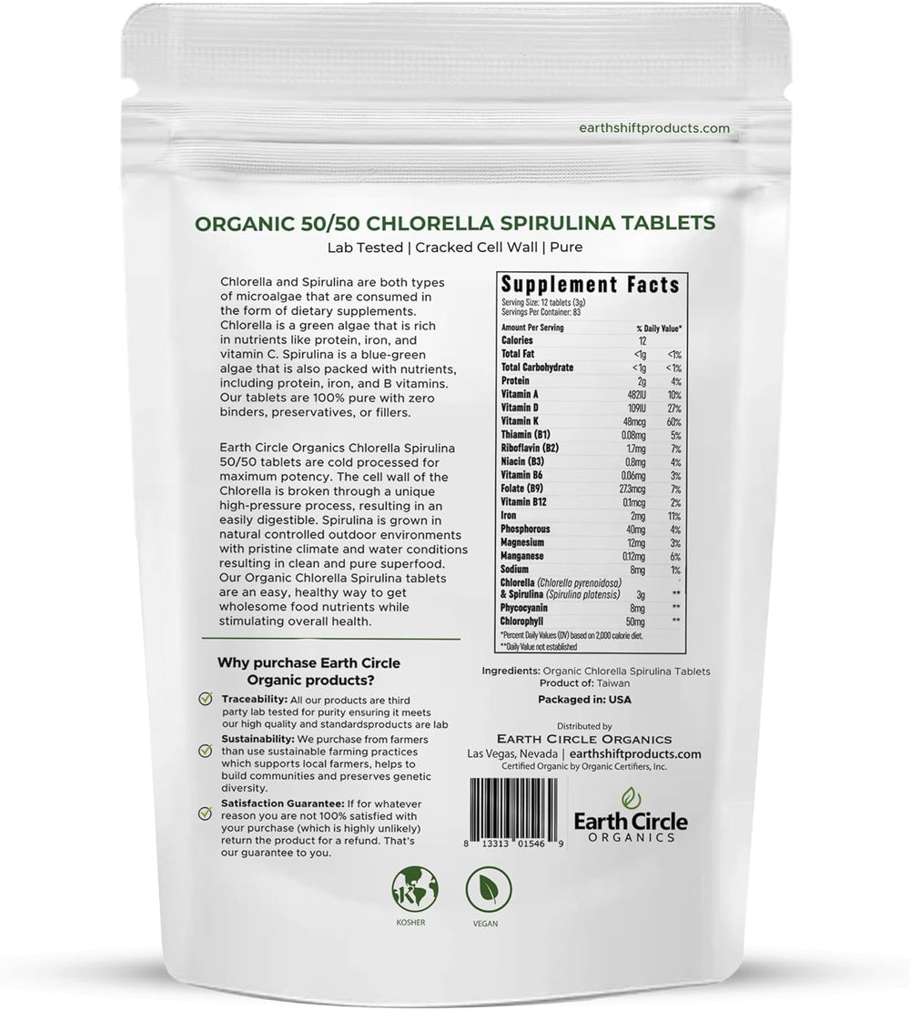 Earth Circle Organics 50-50 blend tablets closeup showing pure algae nutrition.