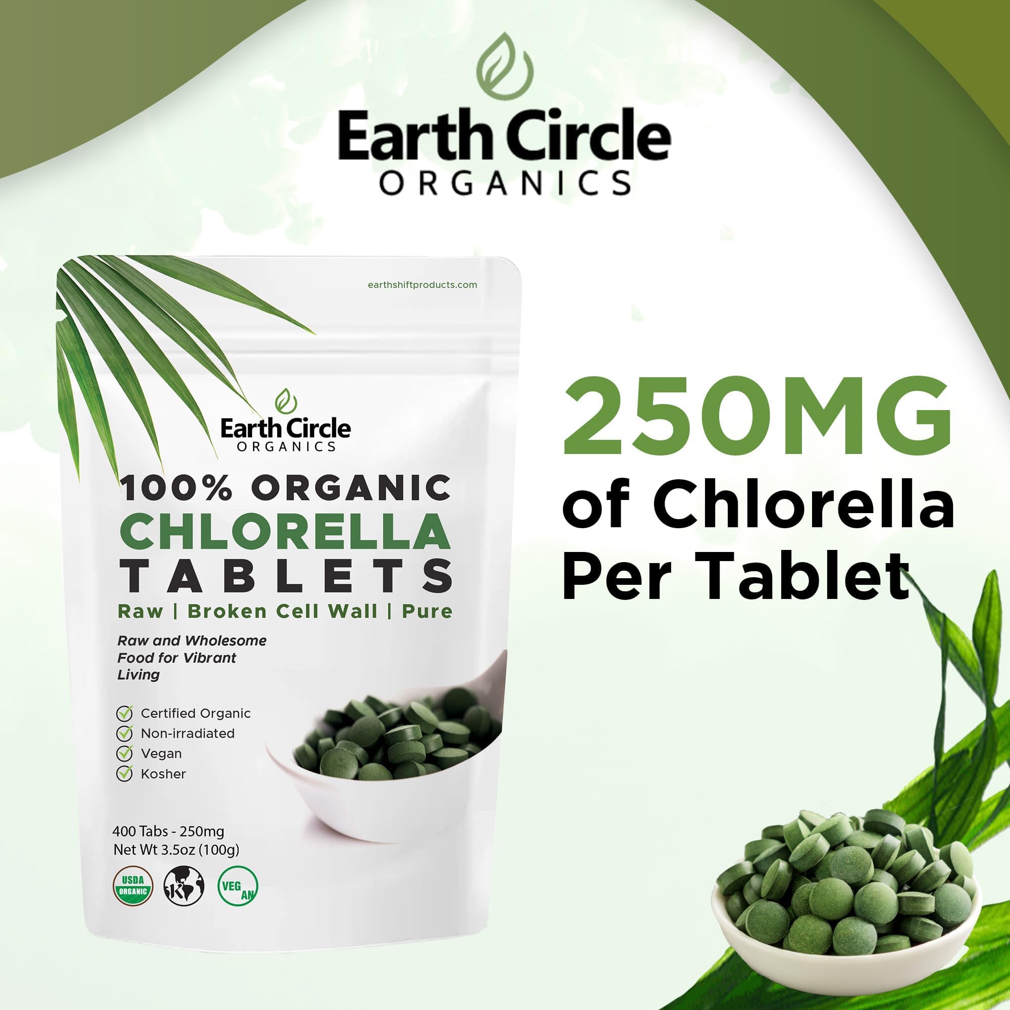 Earth Circle Organics broken-cell-wall chlorella image suggests improved absorption and digestion.