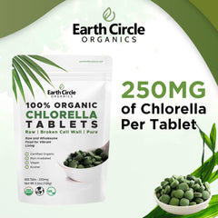 Earth Circle Organics broken-cell-wall chlorella image suggests improved absorption and digestion.