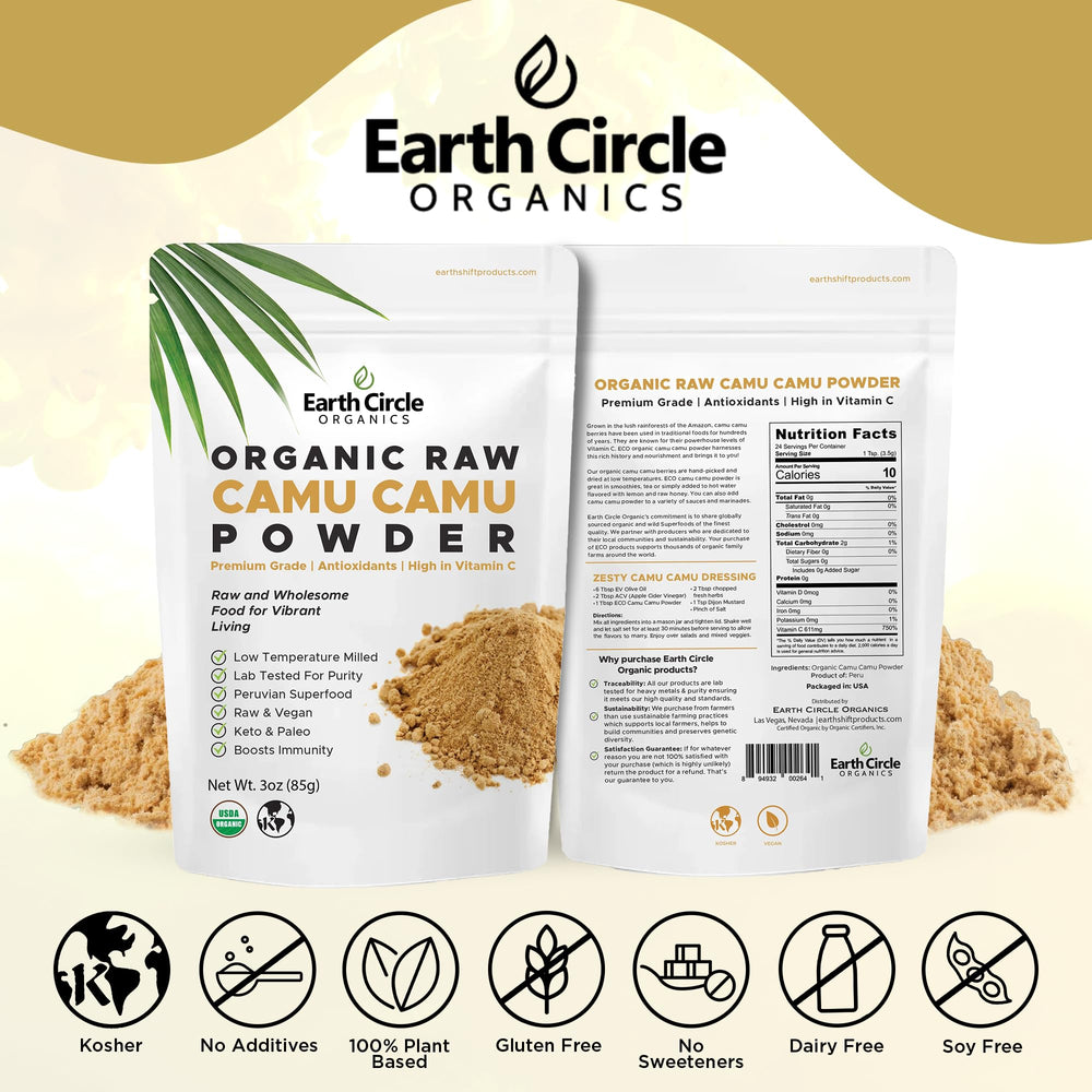 Earth Circle Organics Camu Camu powder closeup of vibrant berry texture
