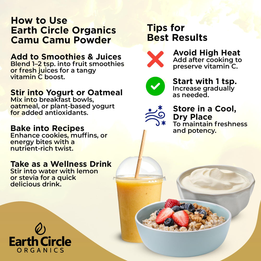 Earth Circle Organics Camu Camu powder in a glass with juice for enrichment