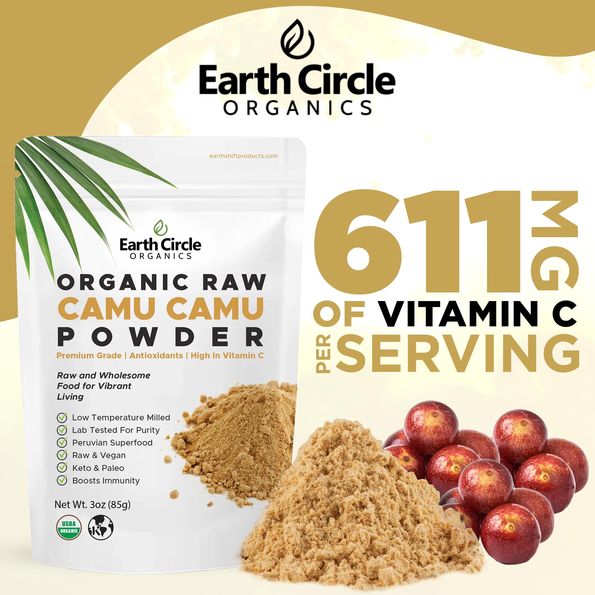 Earth Circle Organics Camu Camu powder jar on kitchen counter