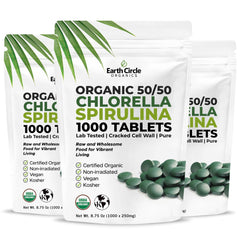Earth Circle Organics chlorella-spirulina bottle for convenient daily vegan nutrition.