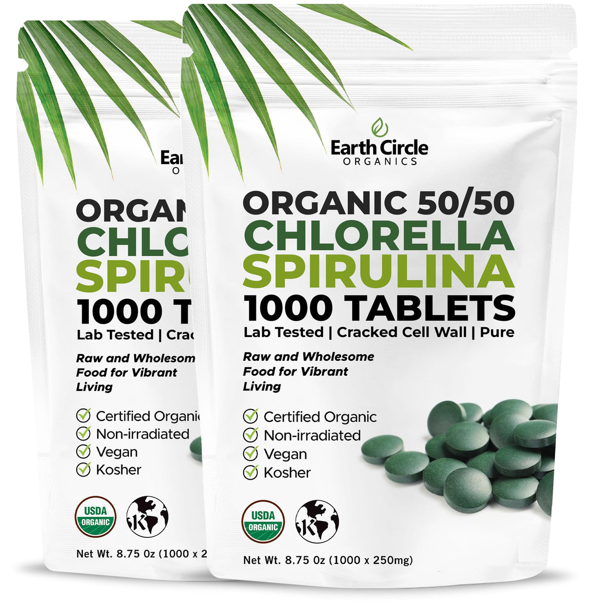 Earth Circle Organics chlorella-spirulina tablets bottle front for daily wellness