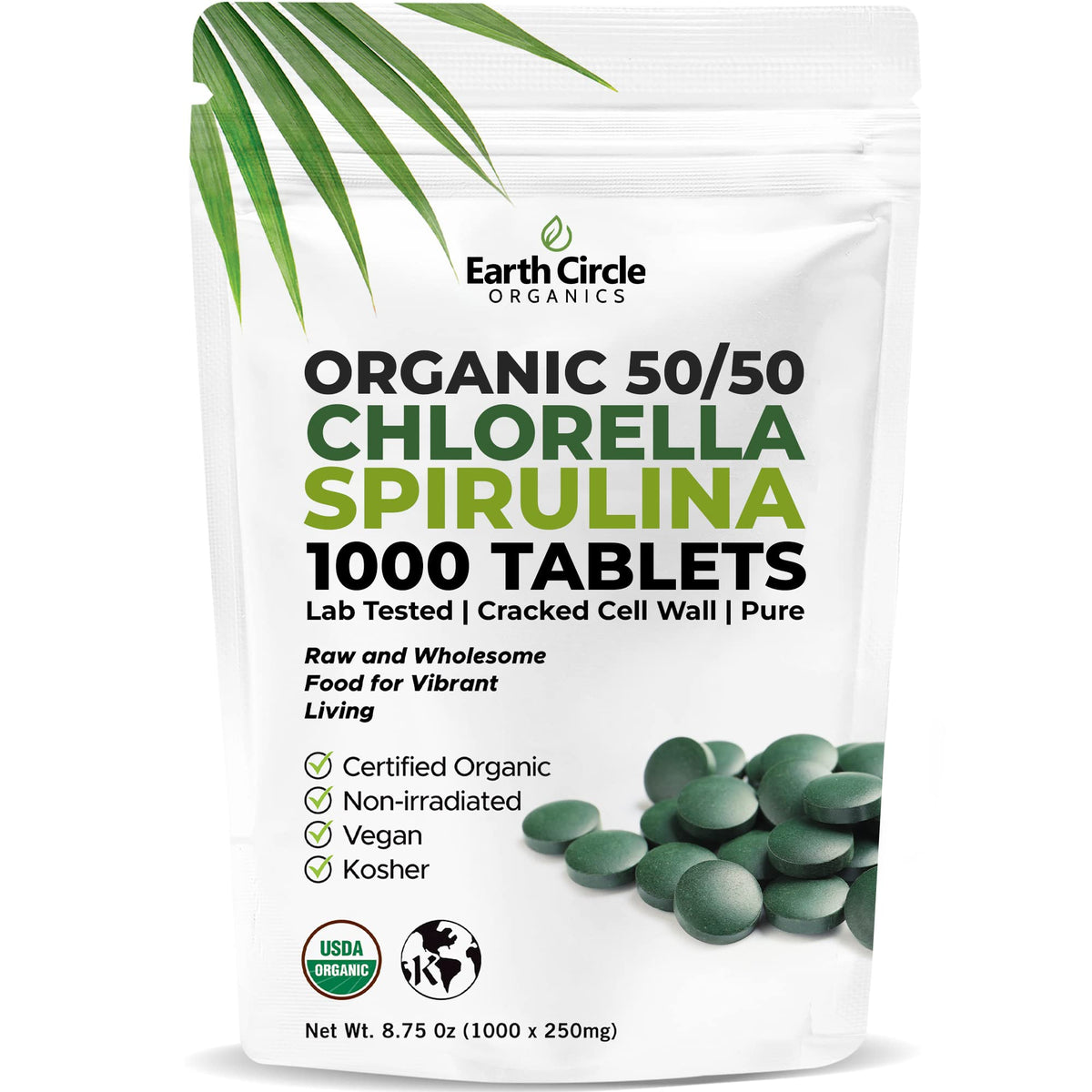 Earth Circle Organics chlorella spirulina tablets bottle for convenient daily wellness.