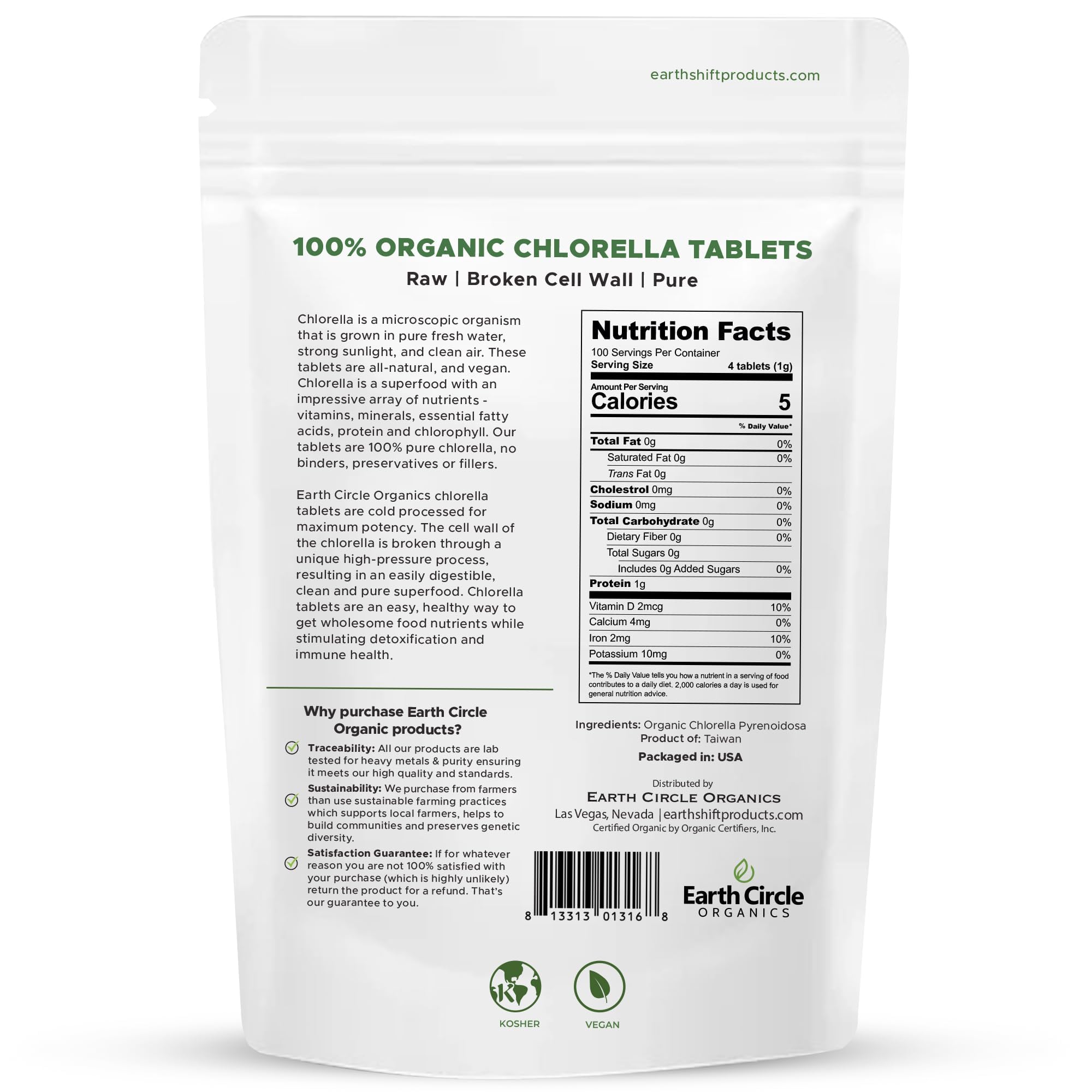 Earth Circle Organics chlorella tablets bottle closeup emphasizes pure, plant-based nutrition for vitality.