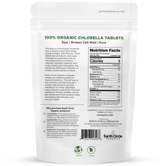 Earth Circle Organics chlorella tablets bottle closeup emphasizes pure, plant-based nutrition for vitality.