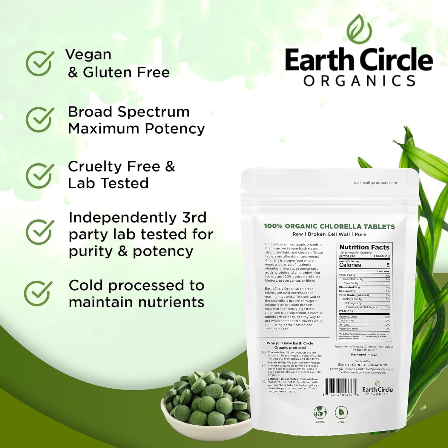 Earth Circle Organics daily-use chlorella tablets photo indicates easy incorporation into routines.